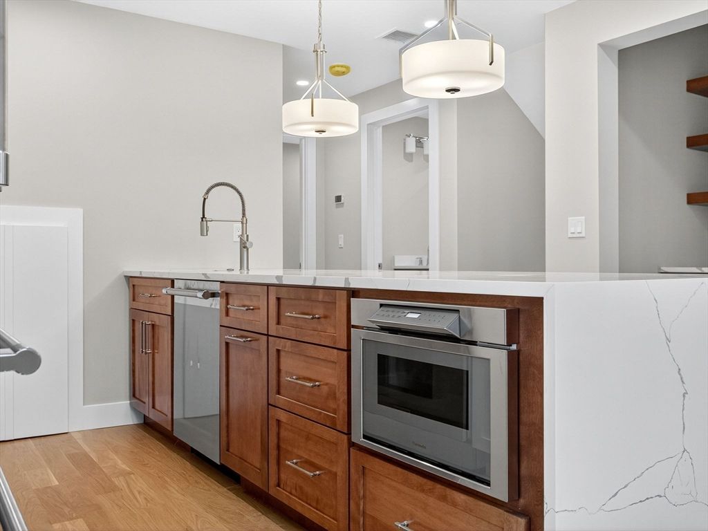 Interior, Kitchen, Pendant Lights, Stainless Steel Appliances, Wood Texture Flooring