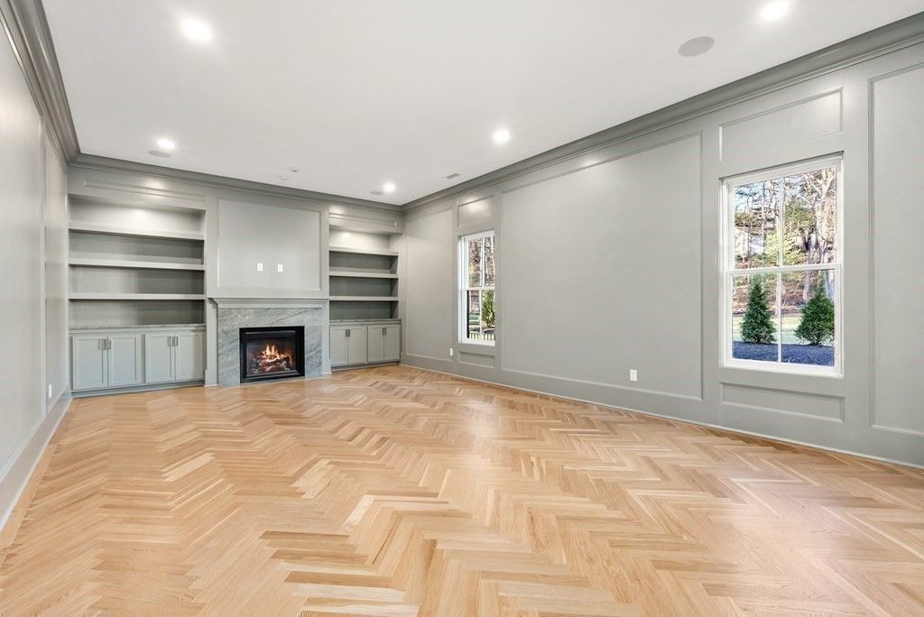 Empty room, Fireplace, Interior, Recessed Lighting, Wood Texture Flooring