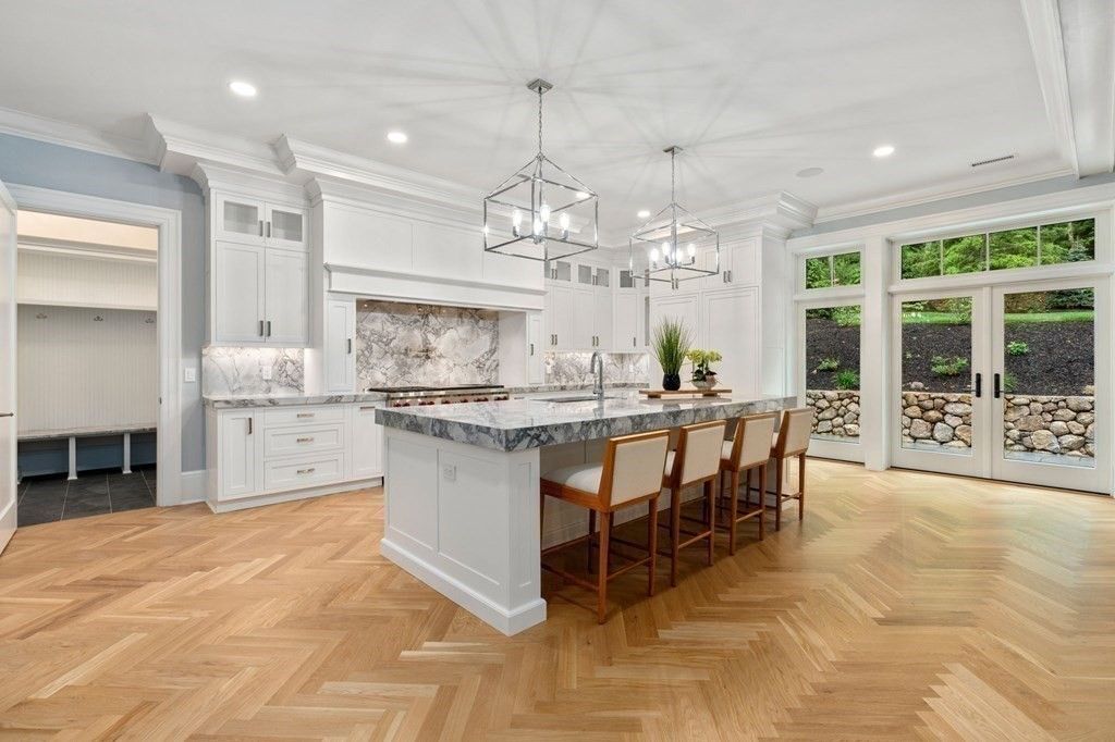 Interior, Kitchen, Marble Walls, Pendant Lights, Recessed Lighting, Wood Texture Flooring