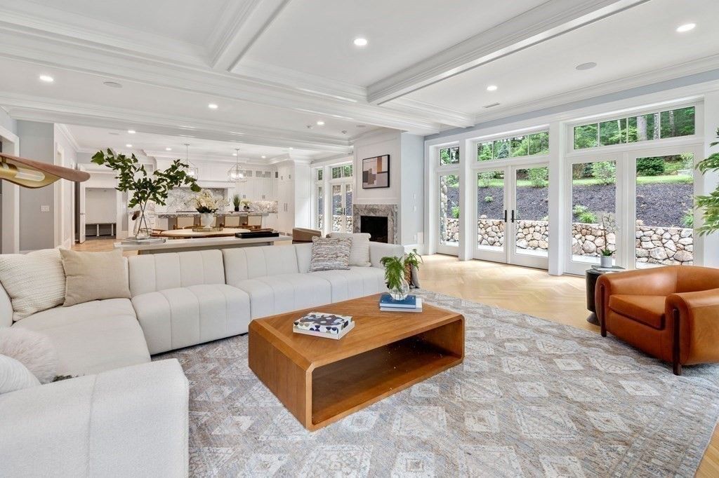 Fireplace, Interior, Kitchen, Living room, Pendant Lights, Recessed Lighting, Wood Texture Flooring