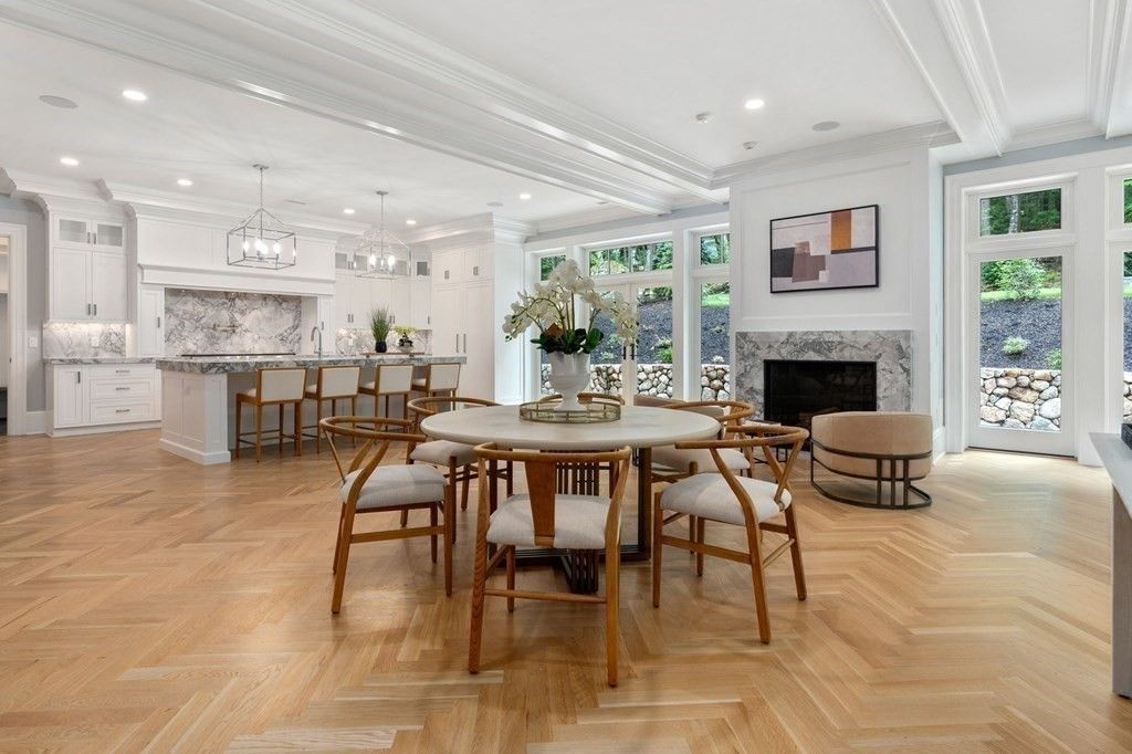 Dining room, Fireplace, Interior, Kitchen, Pendant Lights, Recessed Lighting, Wood Texture Flooring