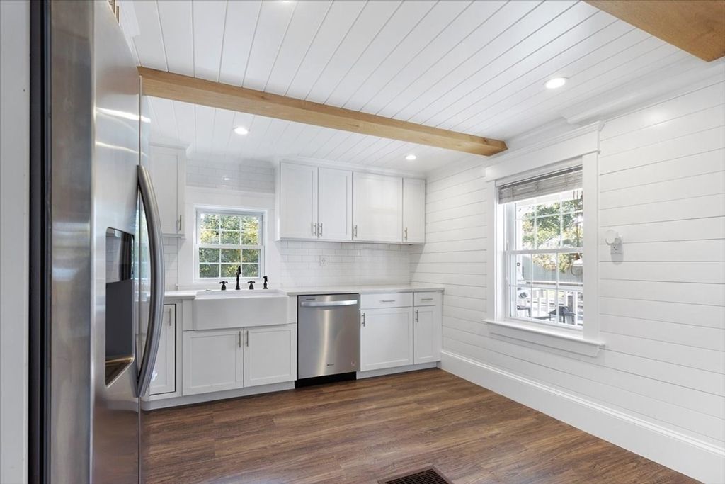 Interior, Kitchen, Recessed Lighting, Stainless Steel Appliances, Wooden Beams, Wood Texture Flooring