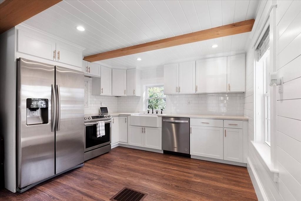 Interior, Kitchen, Recessed Lighting, Stainless Steel Appliances, Wooden Beams, Wood Texture Flooring
