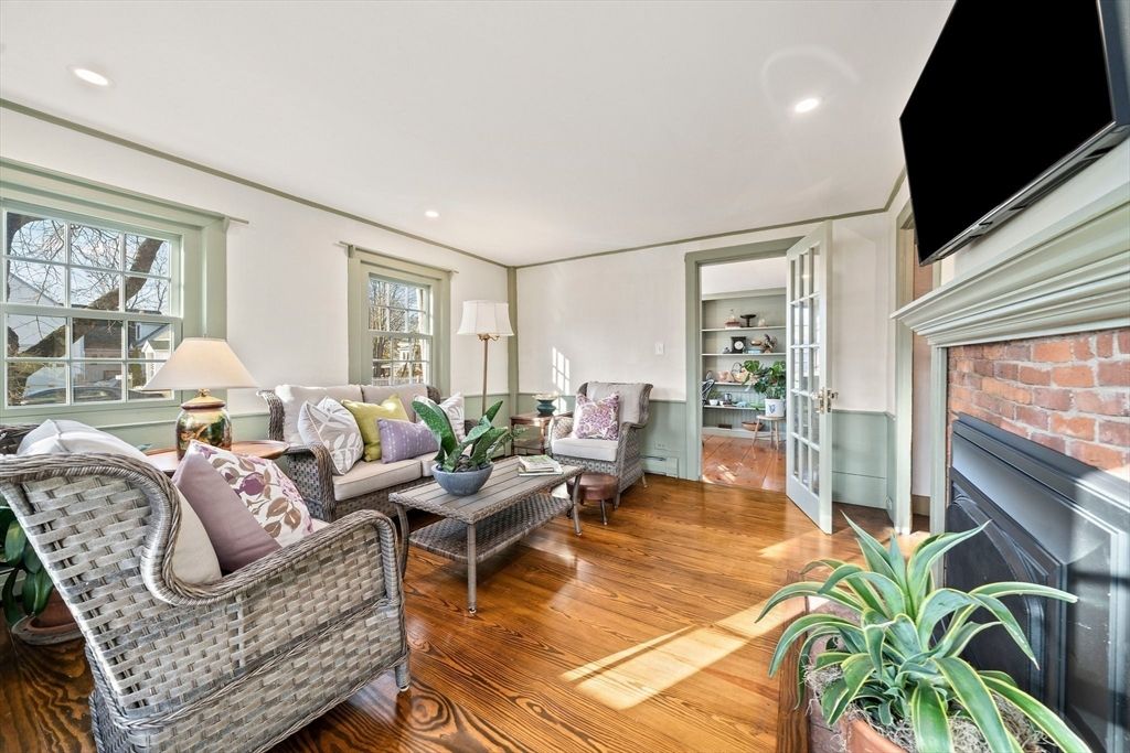 Fireplace, Interior, Living room, Recessed Lighting, Stone Walls, Wood Texture Flooring