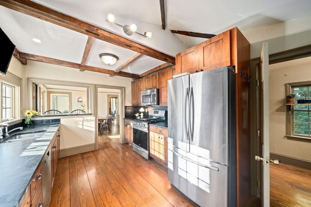 Interior, Kitchen, Recessed Lighting, Stainless Steel Appliances, Tile Countertops, Wooden Beams, Wood Texture Flooring