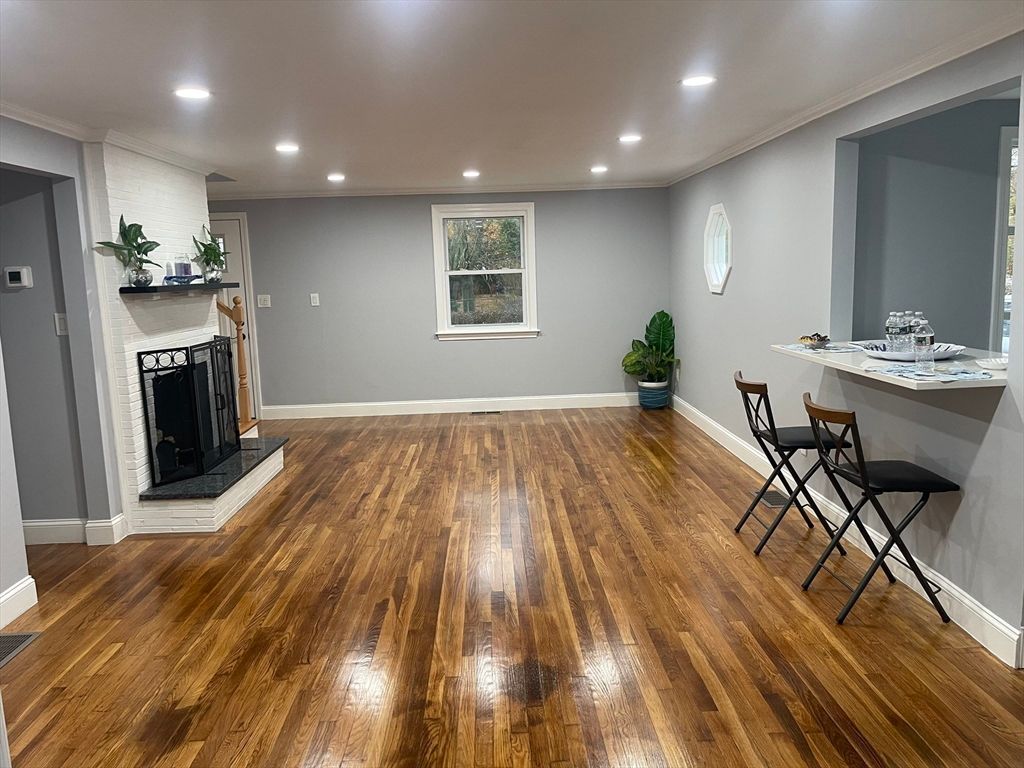 Fireplace, Interior, Recessed Lighting, Wood Texture Flooring