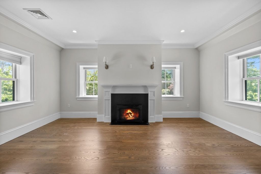 Empty room, Fireplace, Interior, Recessed Lighting, Wood Texture Flooring