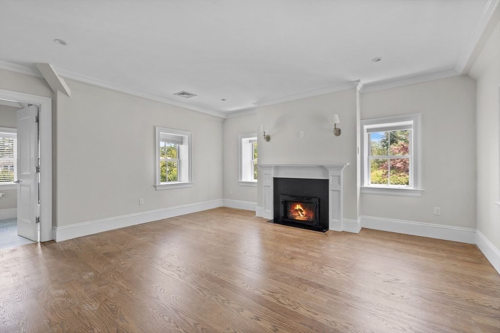 Empty room, Fireplace, Interior, Recessed Lighting, Wood Texture Flooring