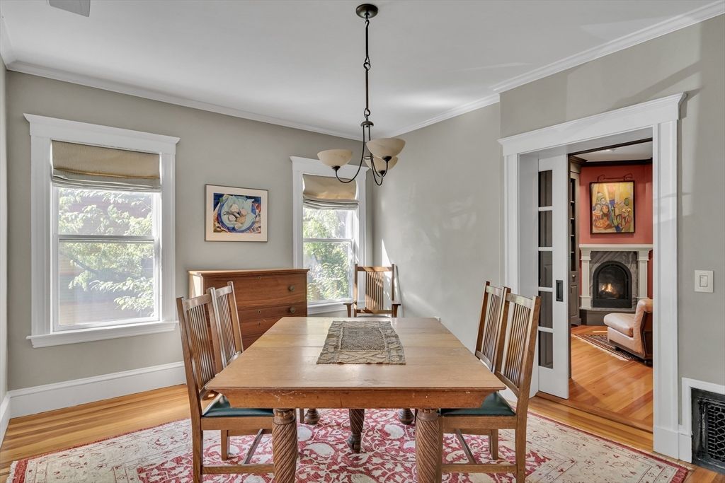 Dining room, Fireplace, Interior, Pendant Lights, Wood Texture Flooring