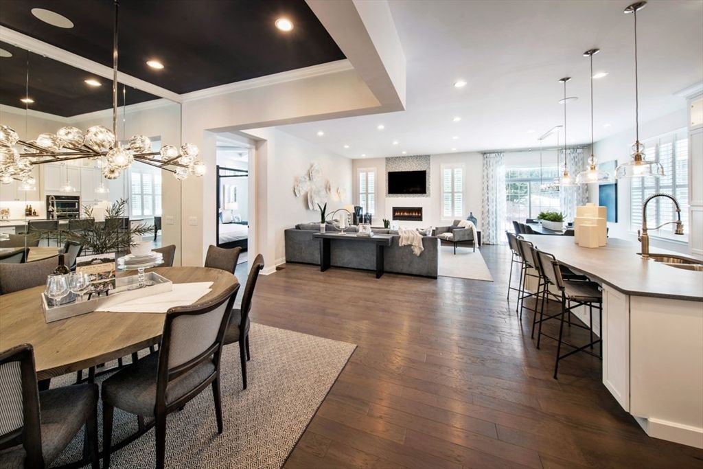 Dining room, Fireplace, Interior, Kitchen, Living room, Pendant Lights, Recessed Lighting, Wood Texture Flooring