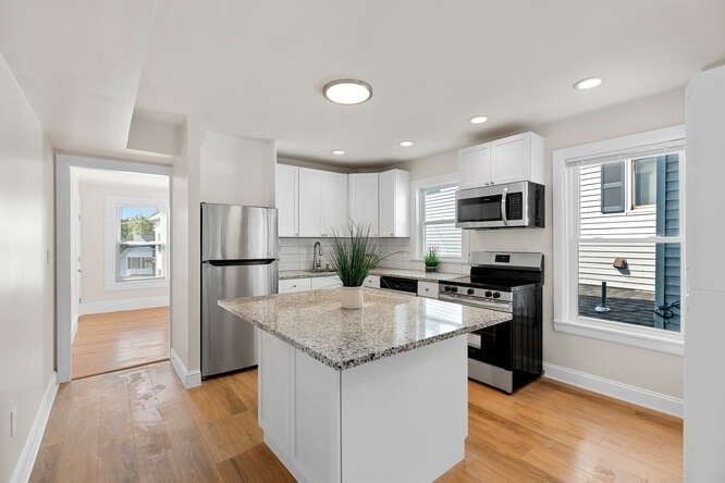 Interior, Kitchen, Recessed Lighting, Stainless Steel Appliances, Wood Texture Flooring