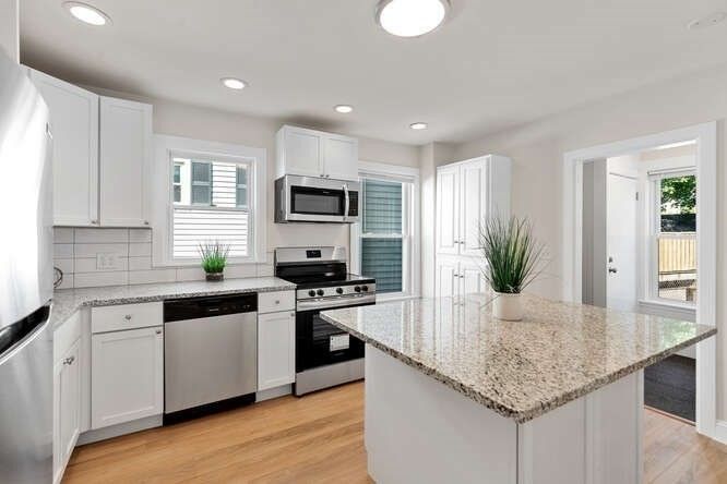Interior, Kitchen, Recessed Lighting, Stainless Steel Appliances, Wood Texture Flooring