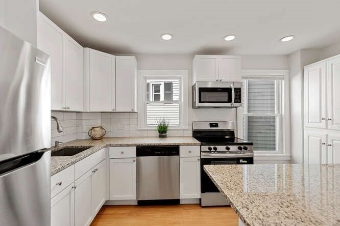 Interior, Kitchen, Recessed Lighting, Stainless Steel Appliances, Wood Texture Flooring