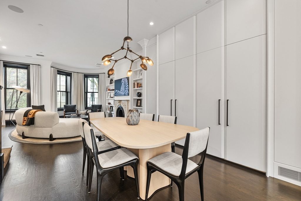 Dining room, Fireplace, Interior, Living room, Pendant Lights, Recessed Lighting, Wood Texture Flooring