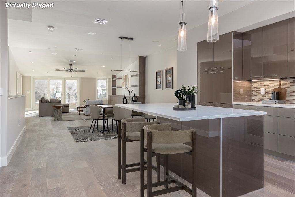 Dining room, Interior, Kitchen, Living room, Pendant Lights, Recessed Lighting, Stainless Steel Appliances, Wood Texture Flooring