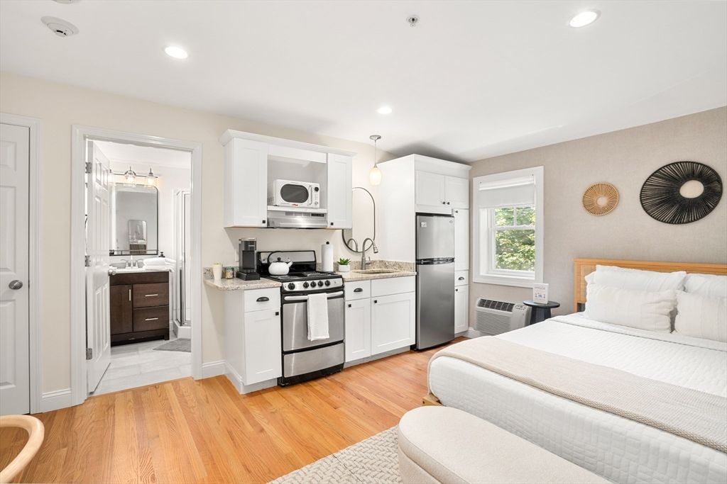 Bedroom, Interior, Kitchen, Recessed Lighting, Stainless Steel Appliances, Wood Texture Flooring