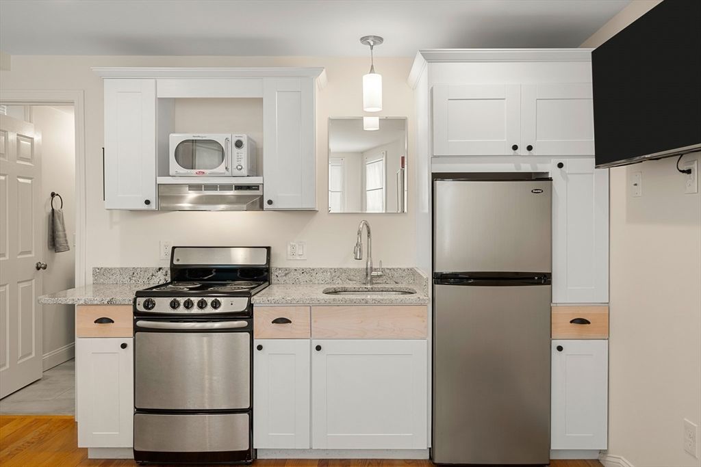 Interior, Kitchen, Pendant Lights, Stainless Steel Appliances, Wood Texture Flooring