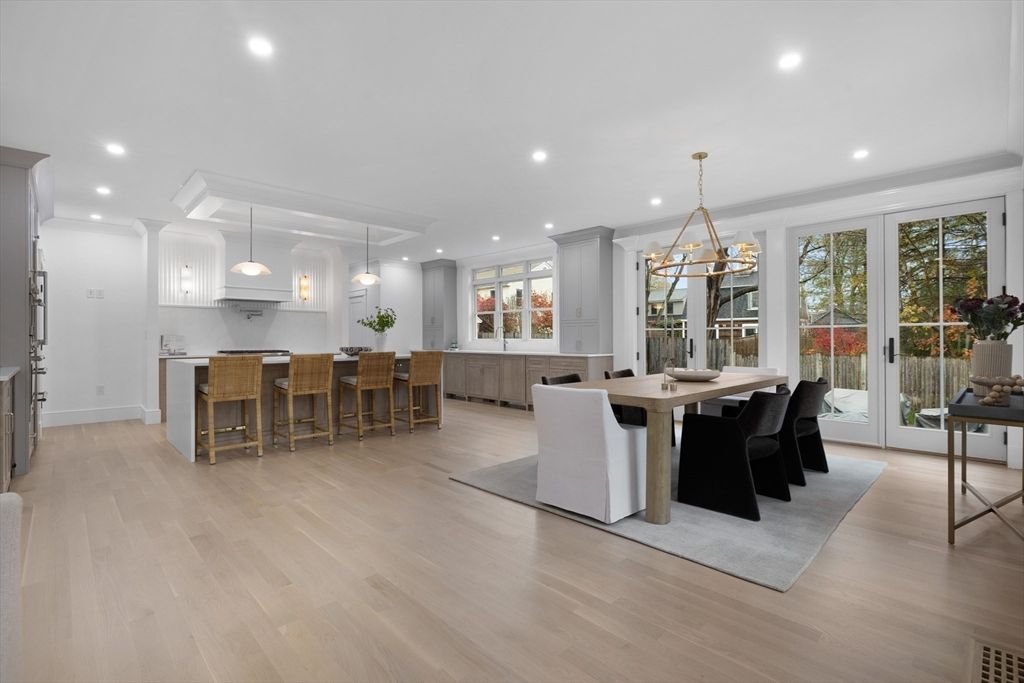 Dining room, Interior, Kitchen, Pendant Lights, Recessed Lighting, Wood Texture Flooring