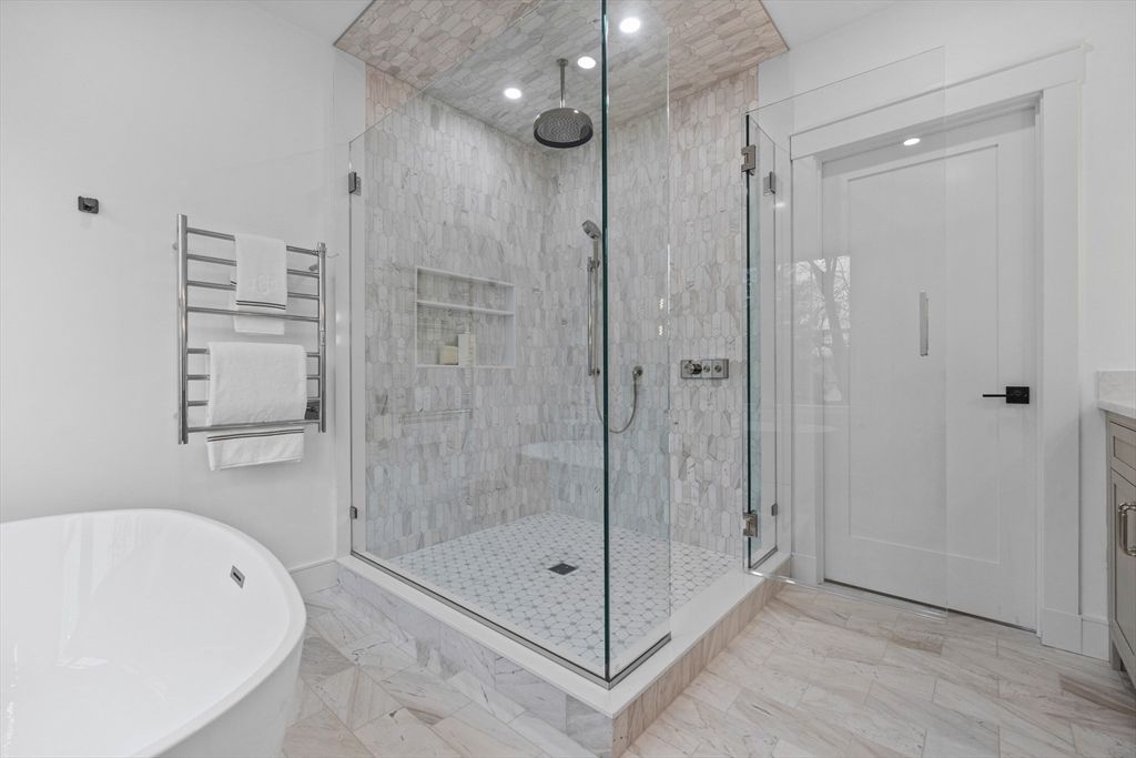 Bathroom, Free Standing Baths, Glass Shower, Interior, Marble, Marble Walls, Recessed Lighting
