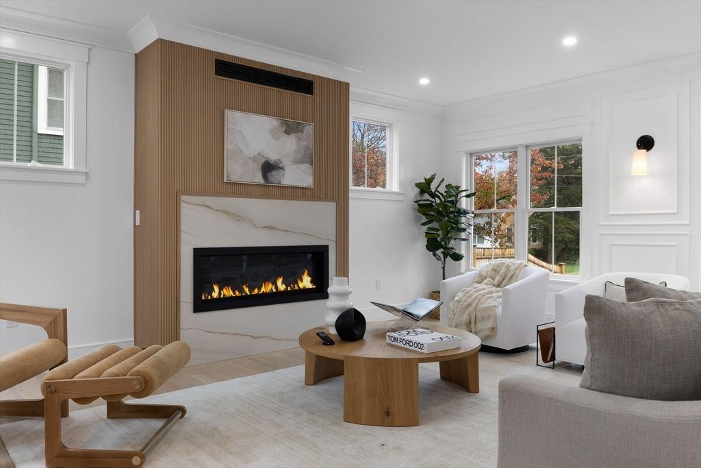 Fireplace, Interior, Living room, Recessed Lighting, Wood Texture Flooring