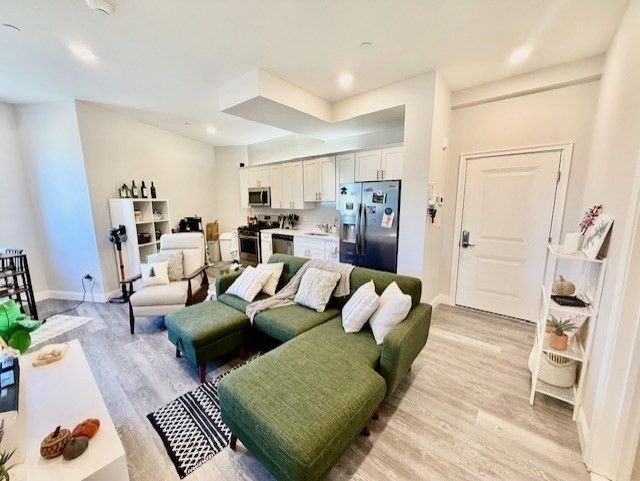 Interior, Kitchen, Living room, Recessed Lighting, Stainless Steel Appliances, Wood Texture Flooring