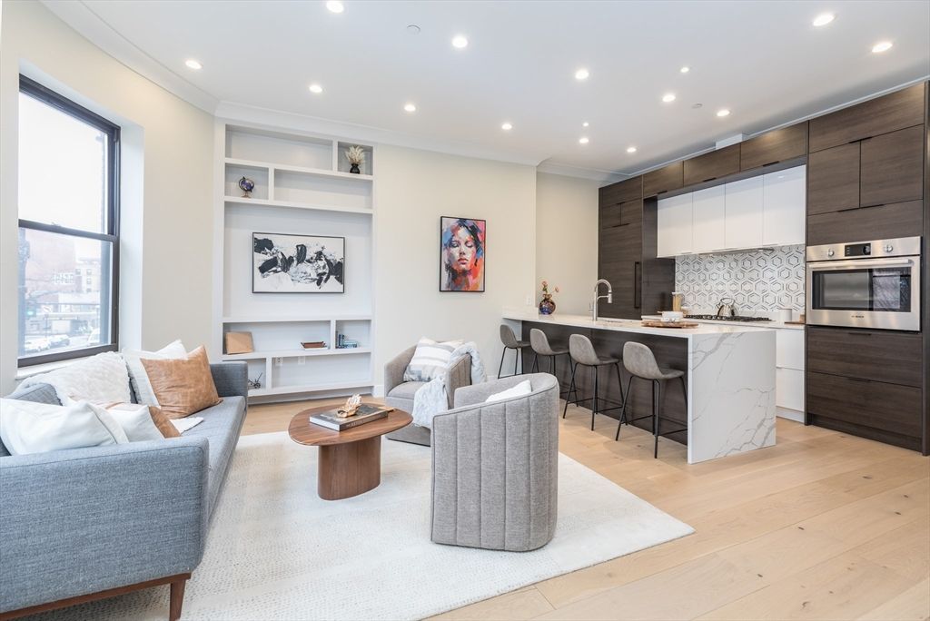 Interior, Kitchen, Living room, Recessed Lighting, Stainless Steel Appliances, Wood Texture Flooring