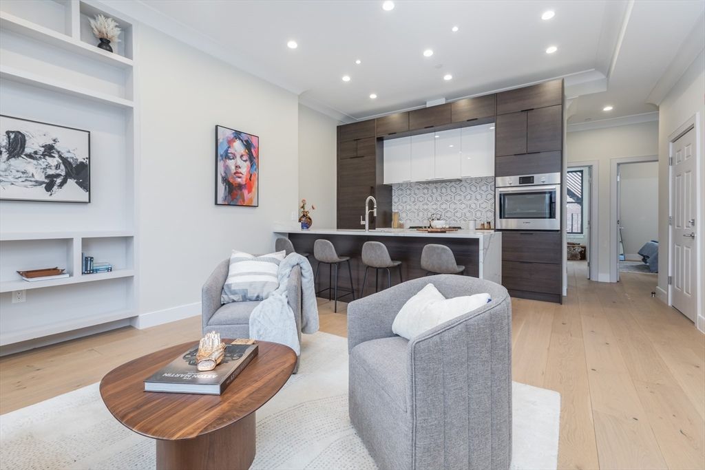 Interior, Kitchen, Living room, Recessed Lighting, Stainless Steel Appliances, Wood Texture Flooring