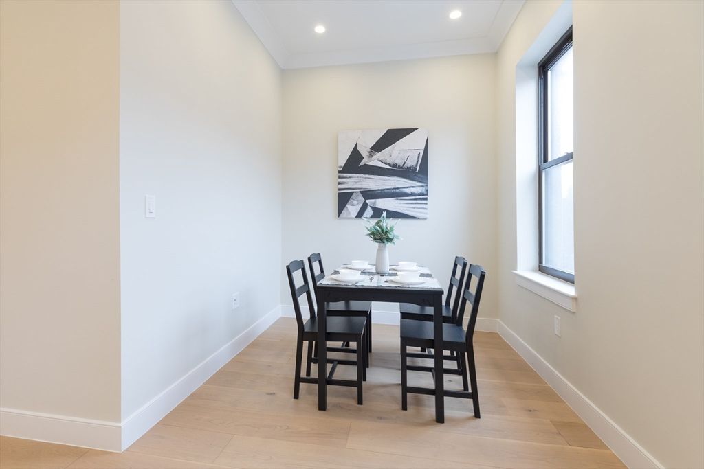 Dining room, Interior, Recessed Lighting, Wood Texture Flooring