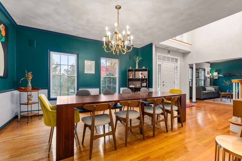 Chandelier, Dining room, Interior, Wood Texture Flooring