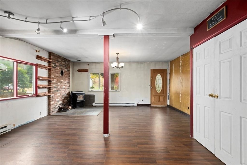 Chandelier, Empty room, Interior, Stone Walls, Wood Texture Flooring