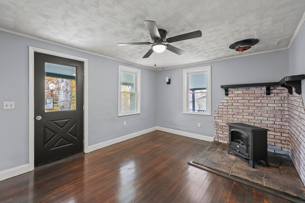 Empty room, Fireplace, Interior, Stone Walls, Wood Texture Flooring
