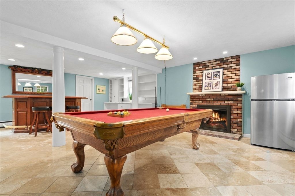 Billiard Table, Fireplace, Game Room, Interior, Pendant Lights, Recessed Lighting, Stone Walls
