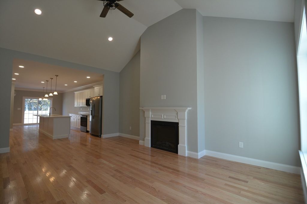 Empty room, Fireplace, Interior, Kitchen, Pendant Lights, Recessed Lighting, Stainless Steel Appliances, Wood Texture Flooring