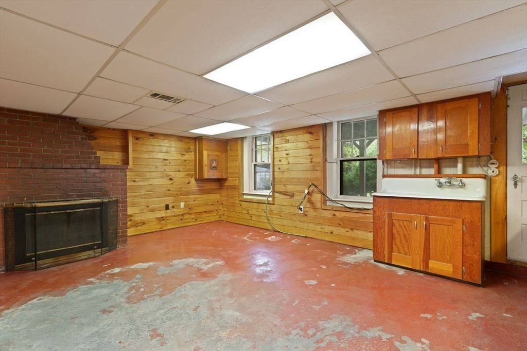 Empty room, Fireplace, Interior, Recessed Lighting, Stone Walls, Wooden Walls