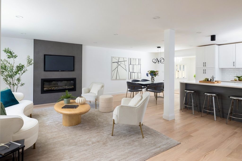 Dining room, Fireplace, Interior, Kitchen, Living room, Pendant Lights, Recessed Lighting, Wood Texture Flooring