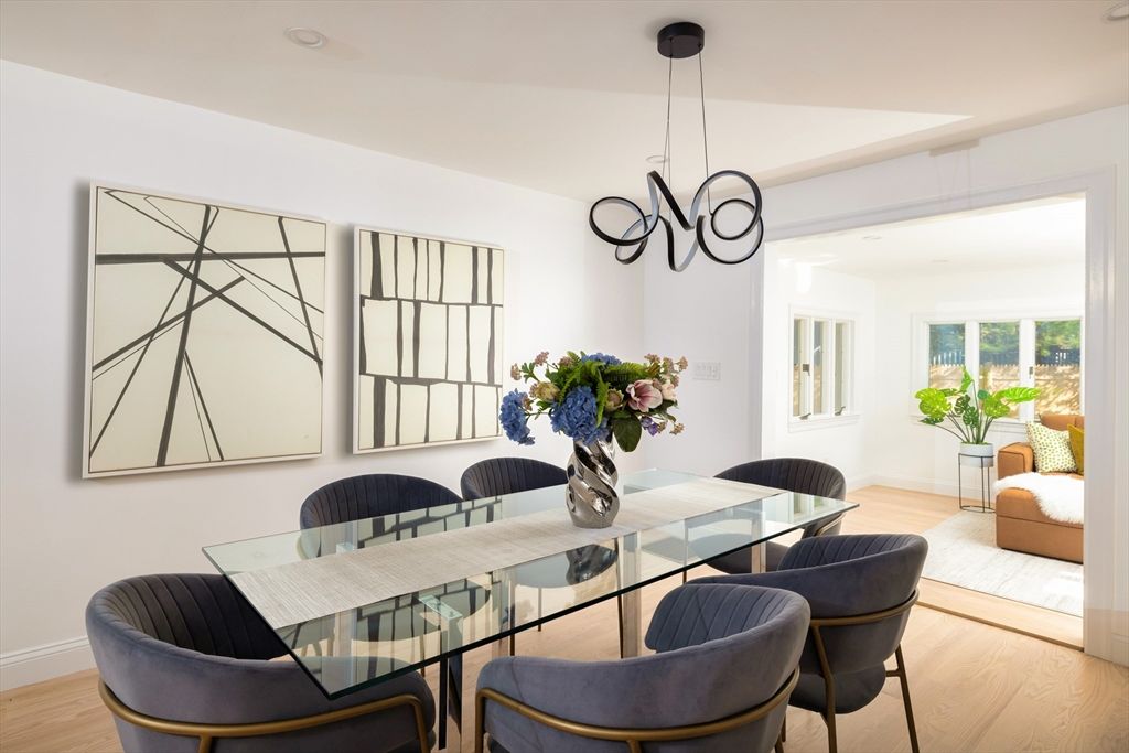 Dining room, Interior, Pendant Lights, Recessed Lighting, Wood Texture Flooring