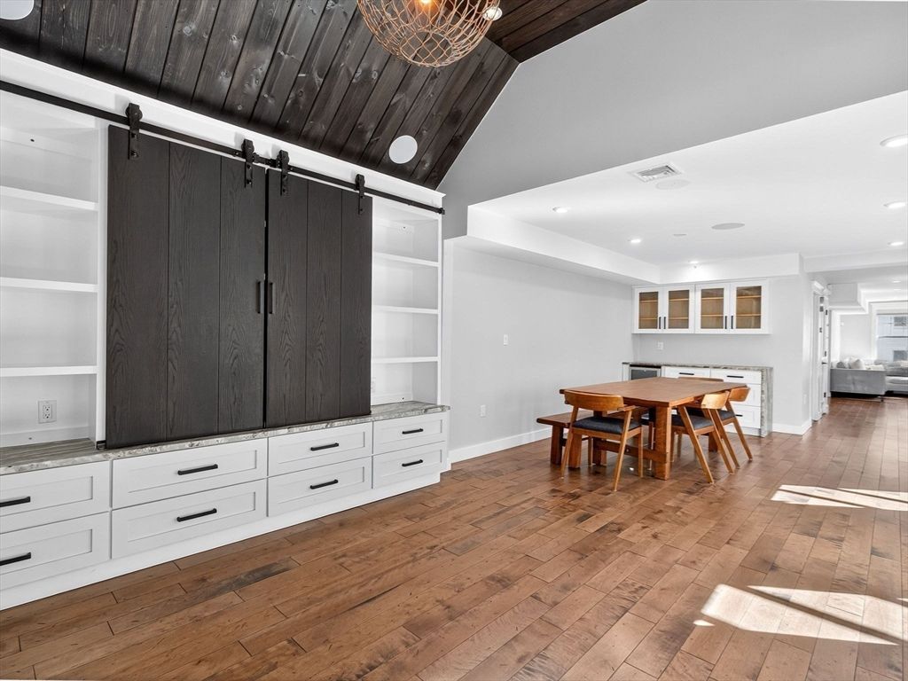 Dining room, Interior, Recessed Lighting, Wood Texture Flooring