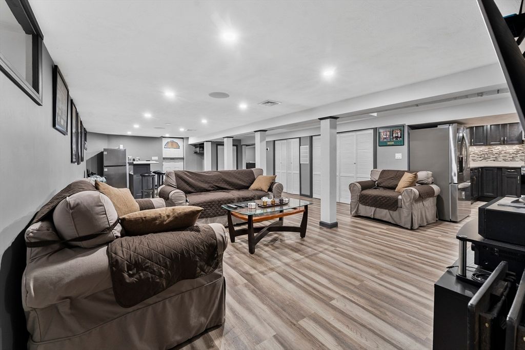 Interior, Kitchen, Living room, Recessed Lighting, Stainless Steel Appliances, Wood Texture Flooring