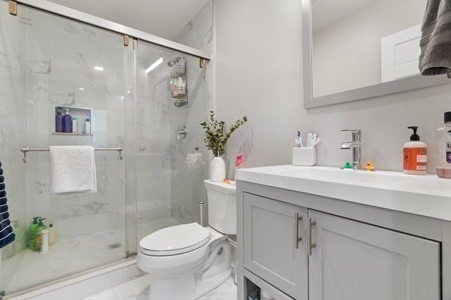 Bathroom, Glass Shower, Interior, Marble, Marble Walls, Recessed Lighting