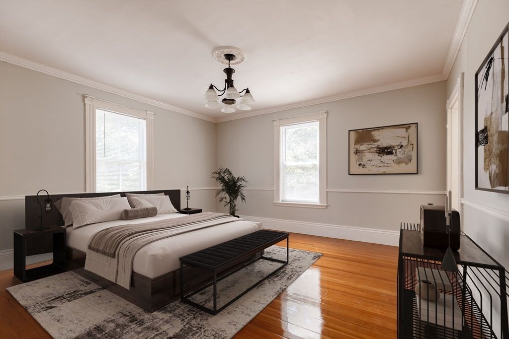 Bedroom, Chandelier, Interior, Wood Texture Flooring
