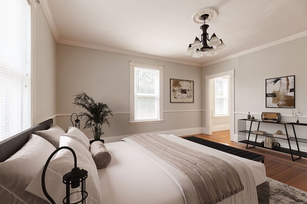 Bedroom, Chandelier, Interior, Wood Texture Flooring