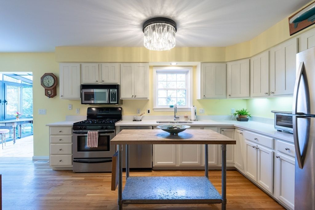 Chandelier, Interior, Kitchen, Stainless Steel Appliances, Wood Texture Flooring