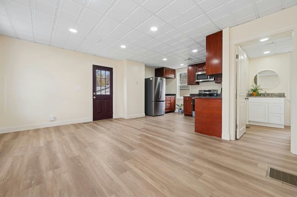 Interior, Kitchen, Recessed Lighting, Stainless Steel Appliances, Wood Texture Flooring