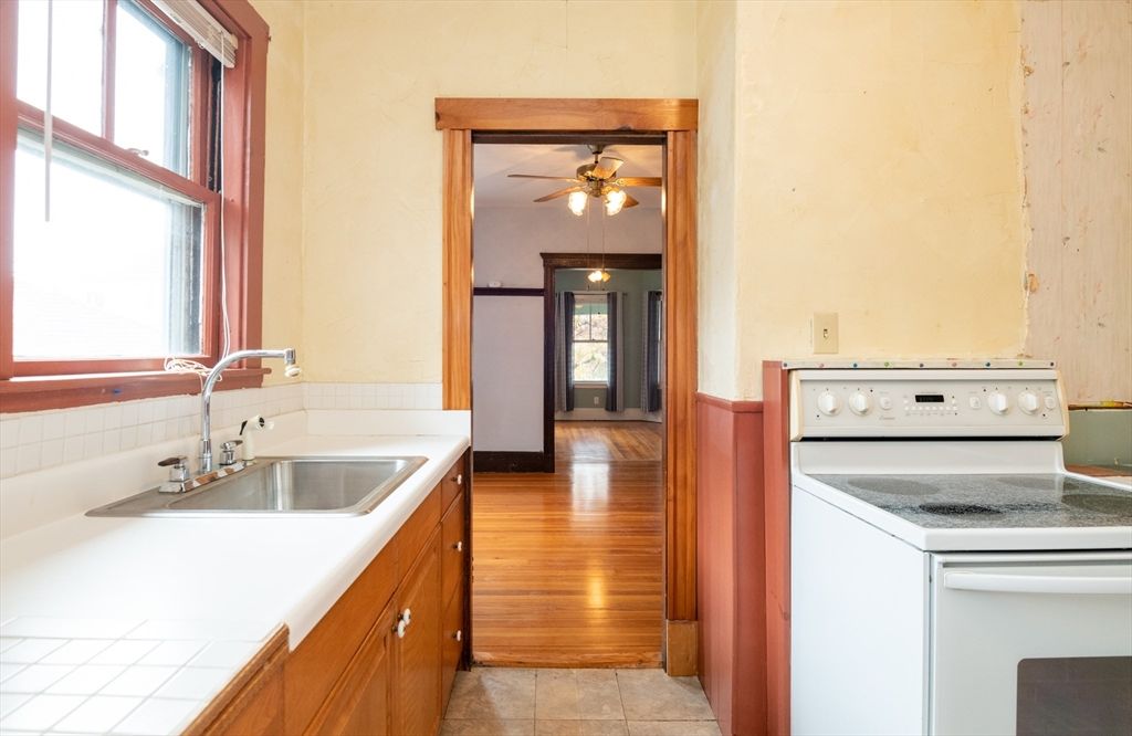 Interior, Kitchen, Tile Countertops, Wood Texture Flooring