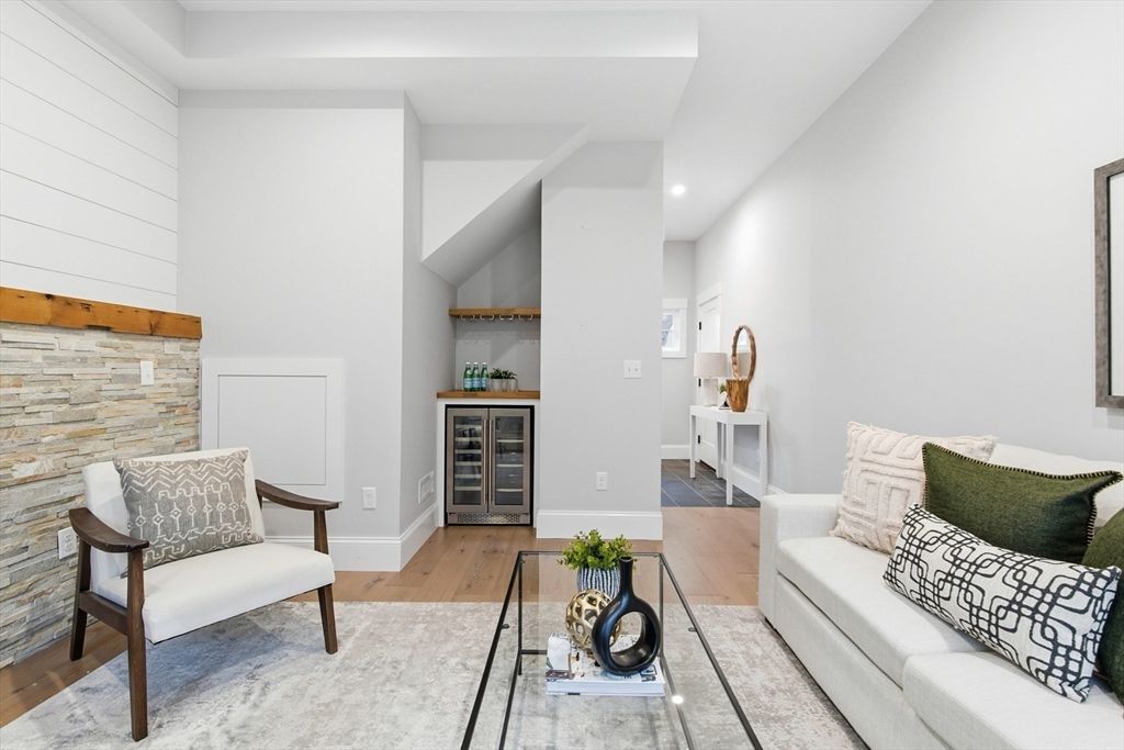 Interior, Living room, Recessed Lighting, Stone Walls, Wood Texture Flooring