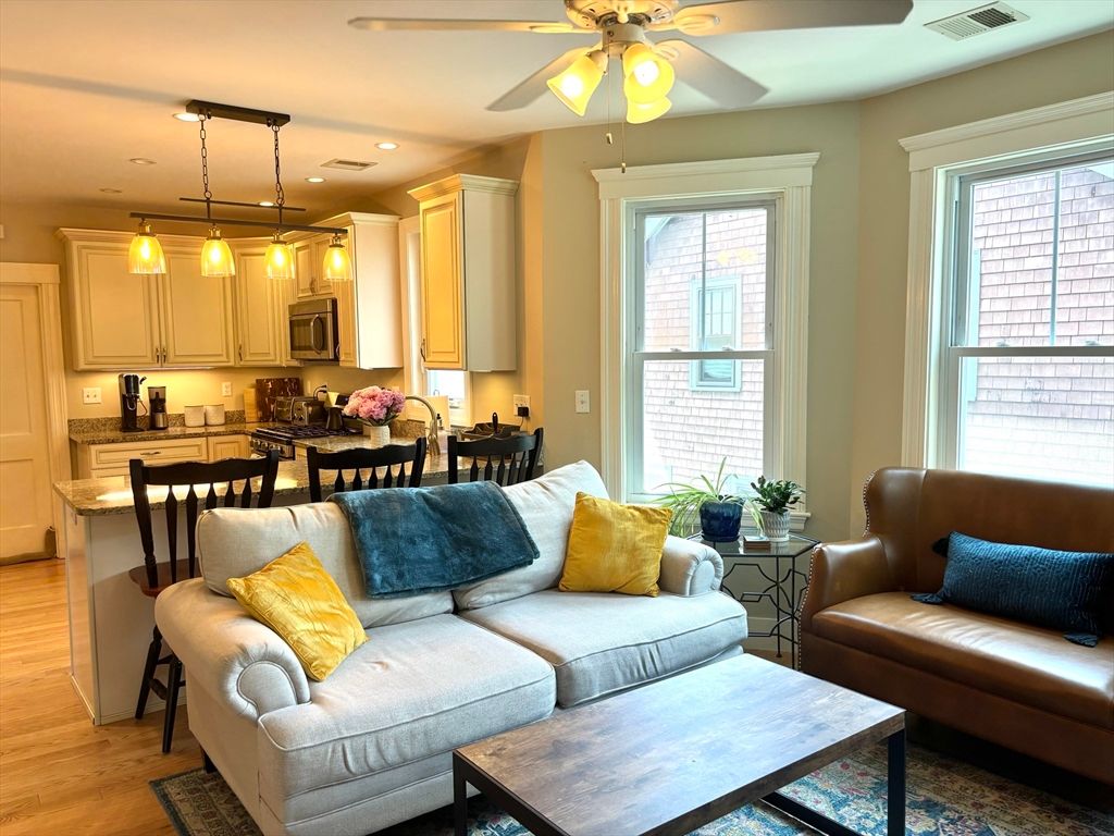 Dining room, Interior, Kitchen, Living room, Pendant Lights, Recessed Lighting, Stainless Steel Appliances, Wood Texture Flooring