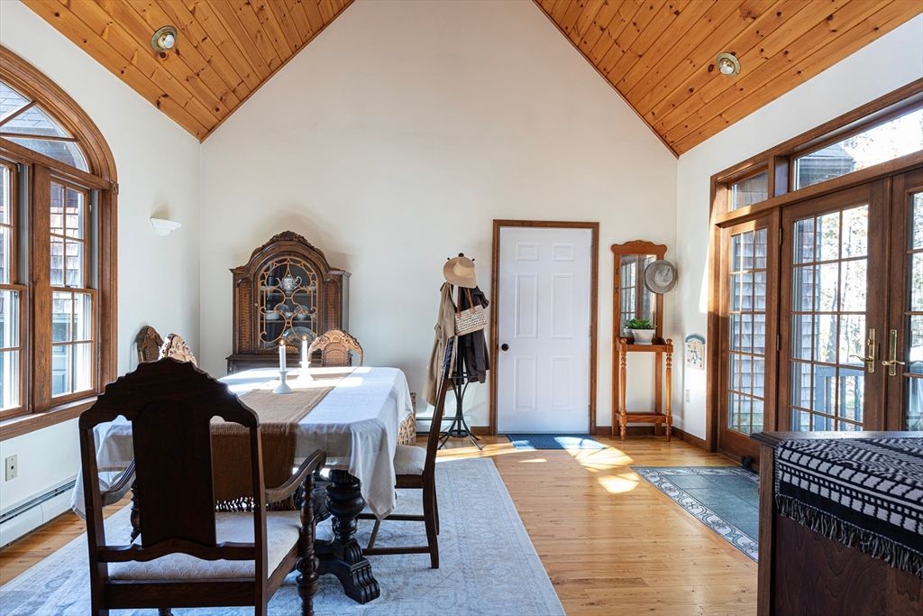 Dining room, Fireplace, Interior, Recessed Lighting, Wooden Ceilings, Wood Texture Flooring