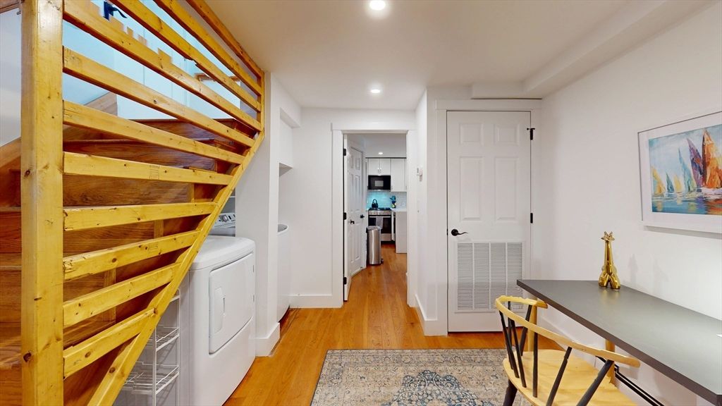 Interior, Kitchen, Recessed Lighting, Washer, Wood Texture Flooring