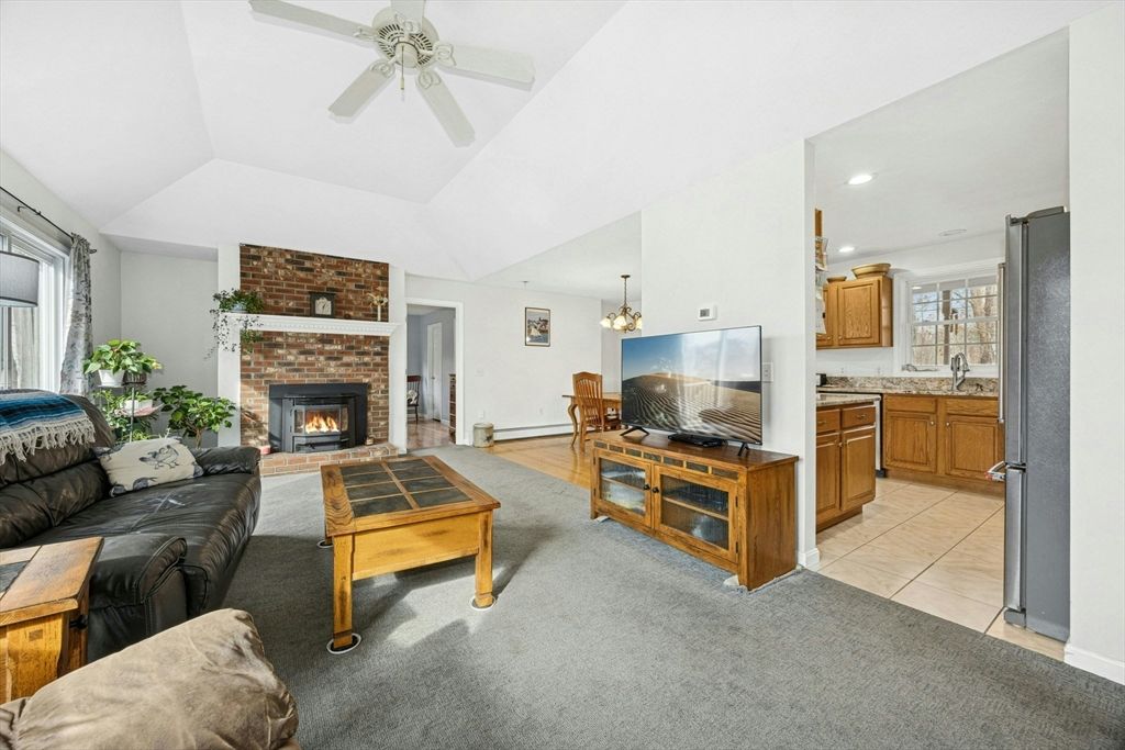 Chandelier, Fireplace, Interior, Kitchen, Living room, Recessed Lighting, Stone Walls