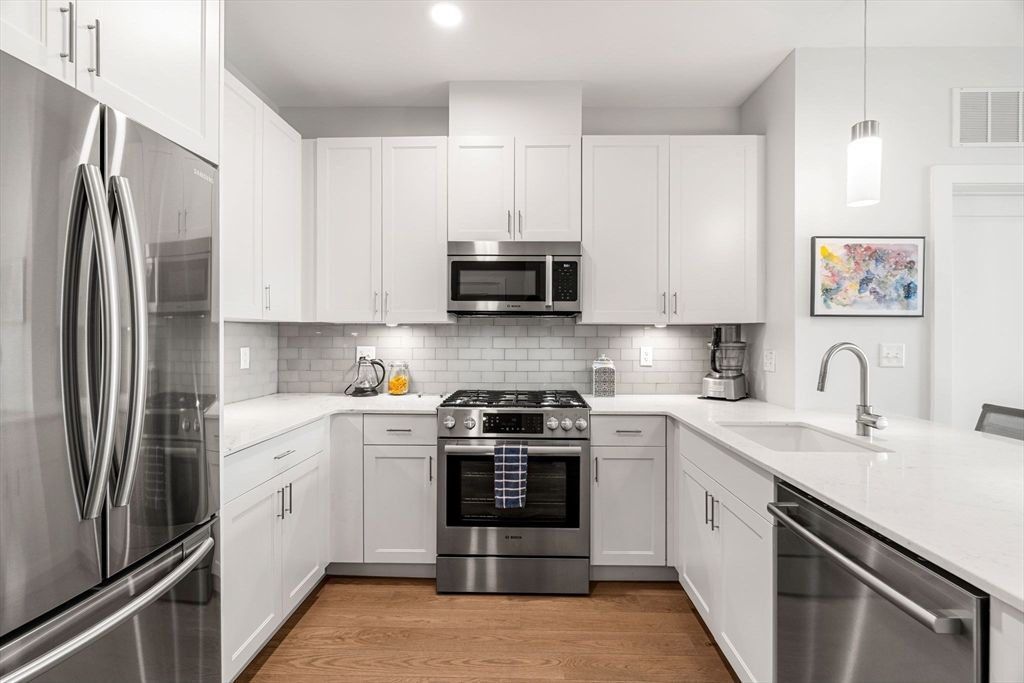 Interior, Kitchen, Pendant Lights, Recessed Lighting, Stainless Steel Appliances, Wood Texture Flooring